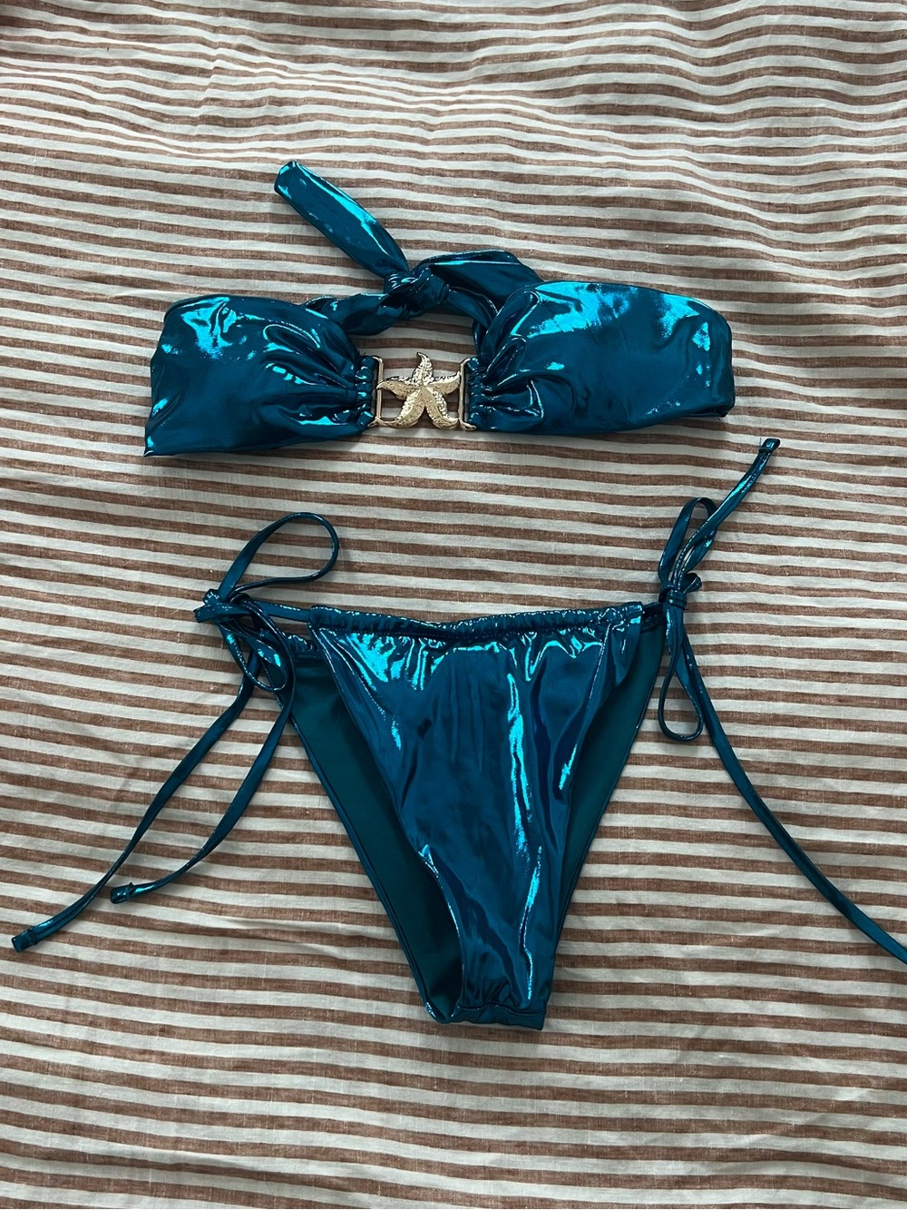Metallic Teal Two-Piece Bikini Set with Gold Starfish Accent